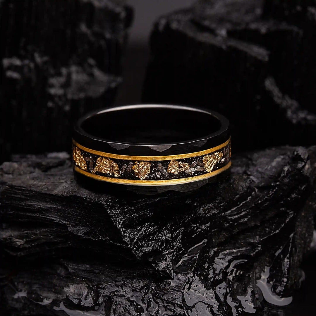 Anello in tungsteno meteorite nero foglia oro Olivenorma