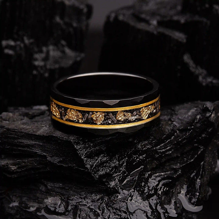 Anello in tungsteno meteorite nero foglia oro Olivenorma