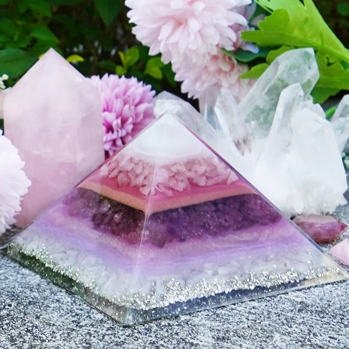 Olivenorma Rosa Fragola Quarzo Ametista Amore Orgone Piramide 