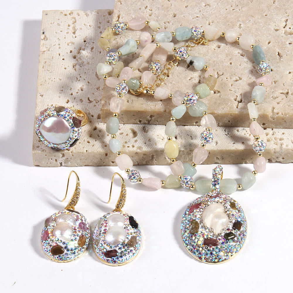 Set di gioielli in perle d'acqua dolce con tormalina morganite Olivenorma - Morganite e perla d'acqua dolce n. 1 - image 0