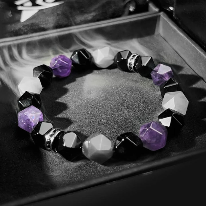 Olivenorma Bracciale da uomo con sfaccettature geometriche in ametista e quarzo nuvola