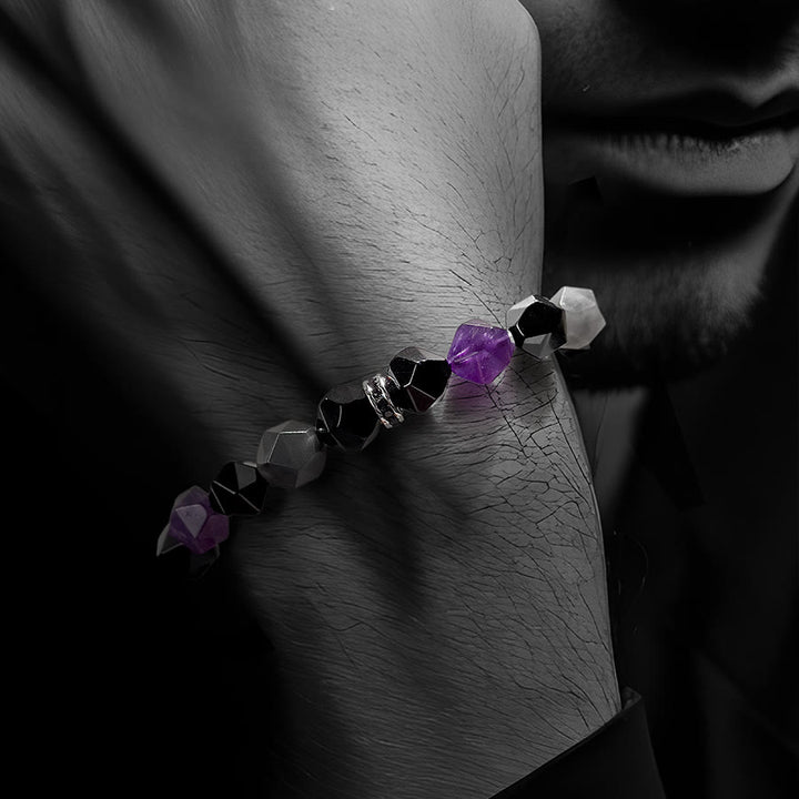 Olivenorma Bracciale da uomo con sfaccettature geometriche in ametista e quarzo nuvola