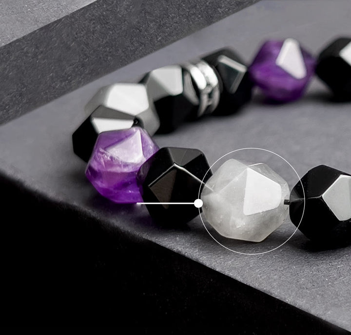 Olivenorma Bracciale da uomo con sfaccettature geometriche in ametista e quarzo nuvola