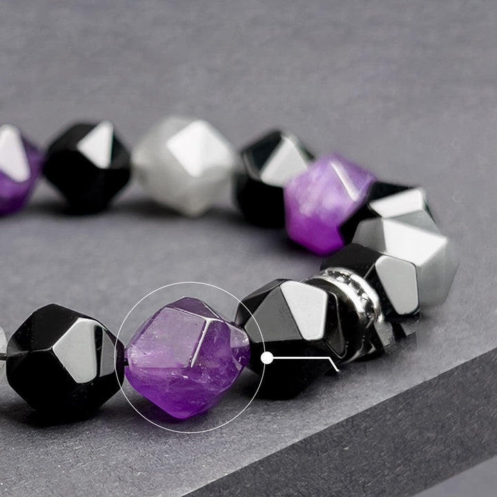 Olivenorma Bracciale da uomo con sfaccettature geometriche in ametista e quarzo nuvola