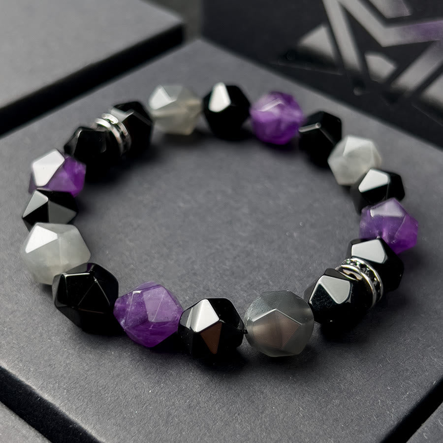 Olivenorma Bracciale da uomo con sfaccettature geometriche in ametista e quarzo nuvola
