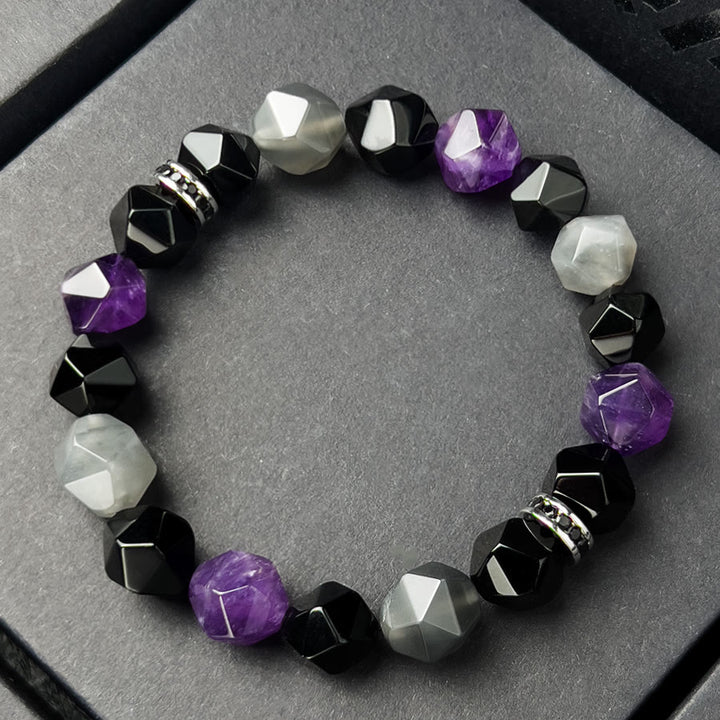 Olivenorma Bracciale da uomo con sfaccettature geometriche in ametista e quarzo nuvola