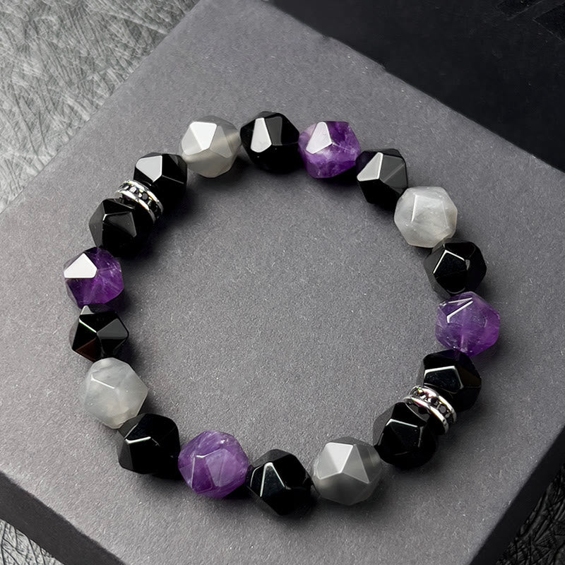 Olivenorma Bracciale da uomo con sfaccettature geometriche in ametista e quarzo nuvola
