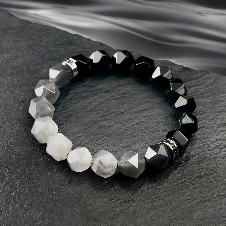 Olivenorma Bracciale da uomo con sfaccettature in onice nero e perline di quarzo nuvola - Donne - 14-16 cm - image 0