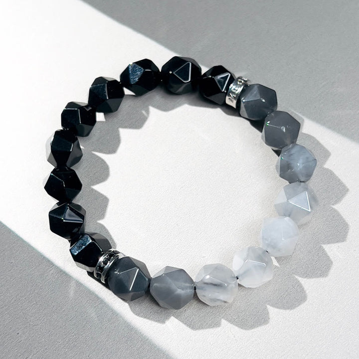 Olivenorma Bracciale da uomo con sfaccettature in ice nero e perline di quarzo nuvola