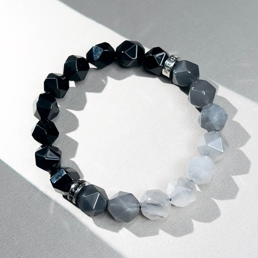 Olivenorma Bracciale da uomo con sfaccettature in onice nero e perline di quarzo nuvola - image 1