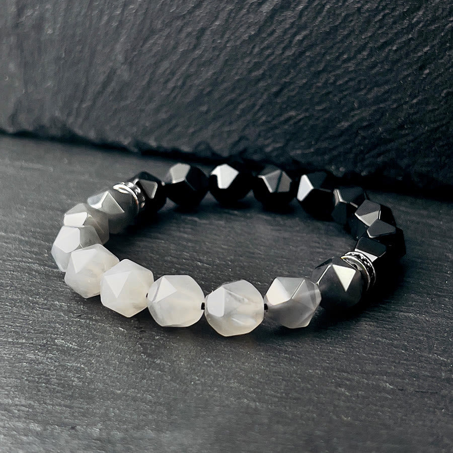 Olivenorma Bracciale da uomo con sfaccettature in onice nero e perline di quarzo nuvola - image 2