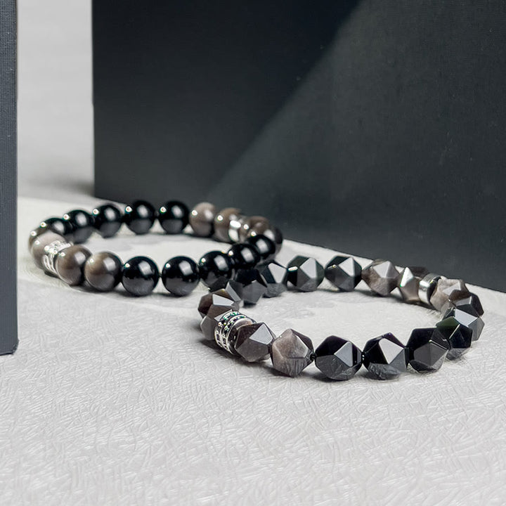 Olivenorma Bracciale da uomo con sfaccettature geometriche in perle di ossidiana - image 2