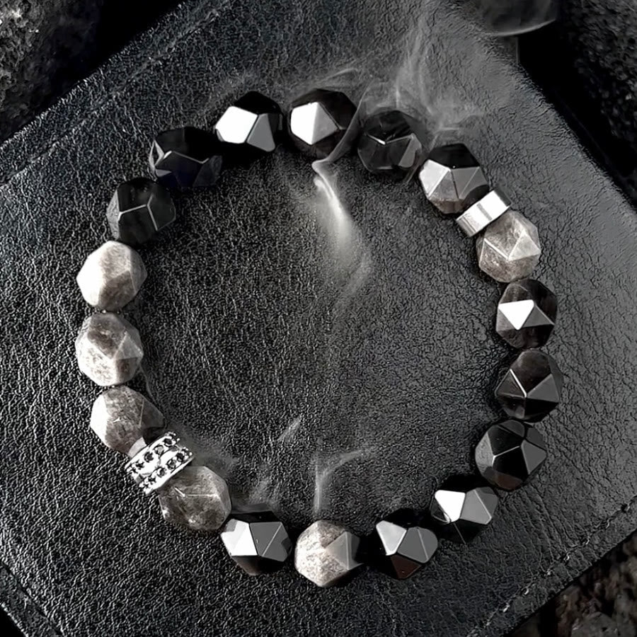 Olivenorma Bracciale da uomo con sfaccettature geometriche in perle di ossidiana - Donne - 14-16 cm - image 0