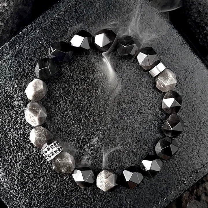 Olivenorma Bracciale da uomo con sfaccettature geometriche in perle di ossidiana - Donne - 14-16 cm - image 0