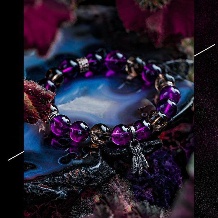 Olivenorma Bracciale da uomo con ciondolo in piuma di ametista e perline