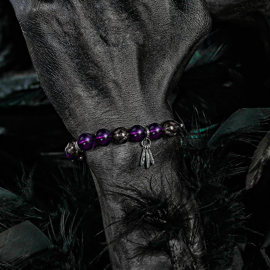 Olivenorma Bracciale da uomo con ciondolo in piuma di ametista e perline