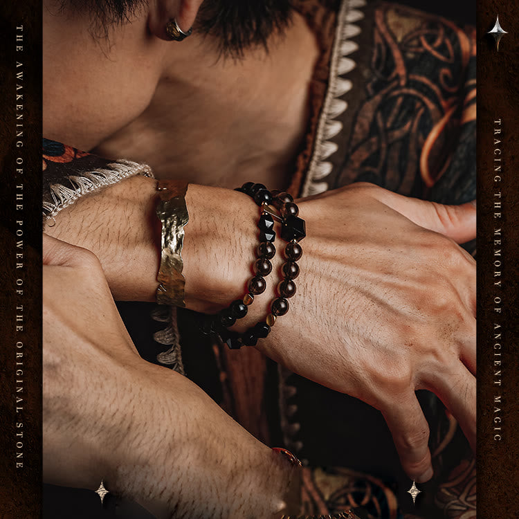 Olivenorma Bracciale da uomo in acciaio al titanio con perline di quarzo fumé e ossidiana