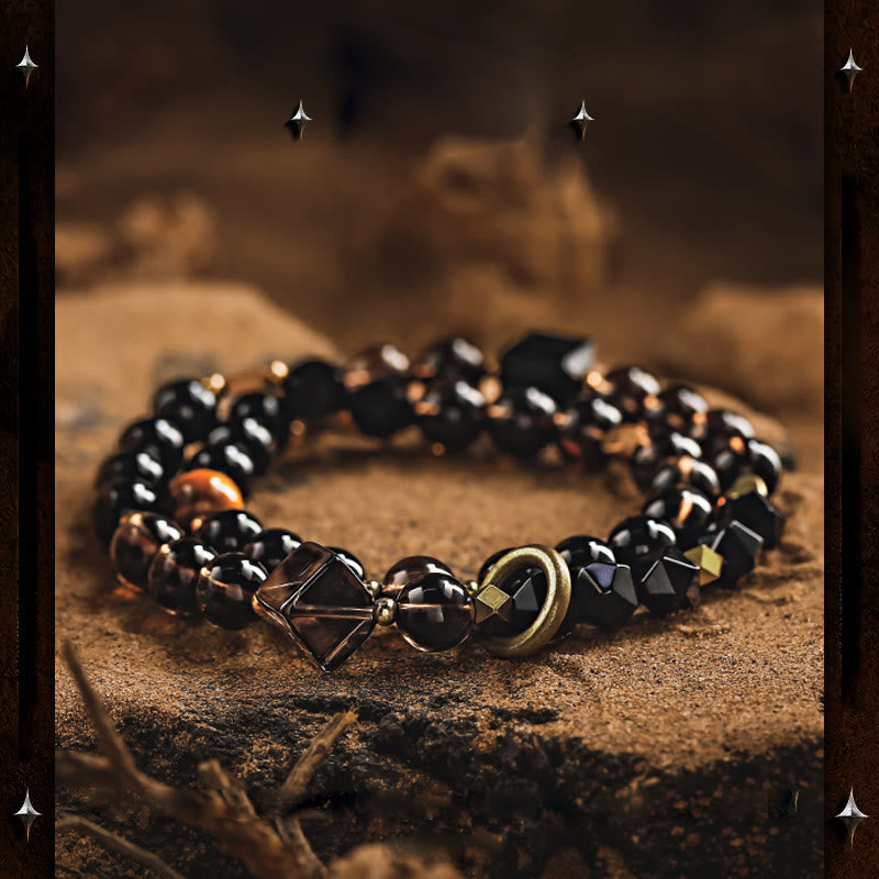 Olivenorma Bracciale da uomo in acciaio al titanio con perline di quarzo fumé e ossidiana - image 4