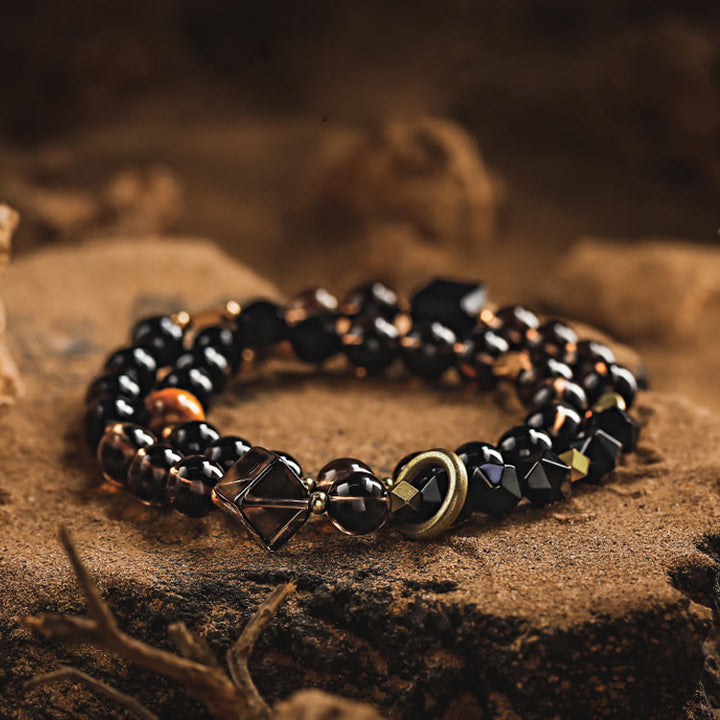 Olivenorma Bracciale da uomo in acciaio al titanio con perline di quarzo fumé e ossidiana - 18 centimetri - image 0