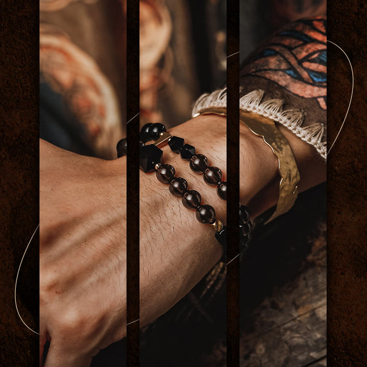 Olivenorma Bracciale da uomo in acciaio al titanio con perline di quarzo fumé e ossidiana