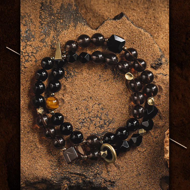 Olivenorma Bracciale da uomo in acciaio al titanio con perline di quarzo fumé e ossidiana - image 6