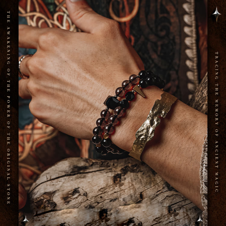 Olivenorma Bracciale da uomo in acciaio al titanio con perline di quarzo fumé e ossidiana