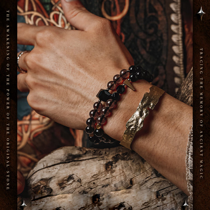 Olivenorma Bracciale da uomo in acciaio al titanio con perline di quarzo fumé e ossidiana