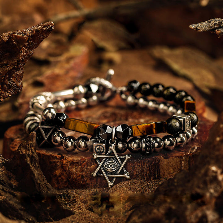 Olivenorma Bracciale da uomo con perline in occhio di tigre e ossidiana dorata e malocchio