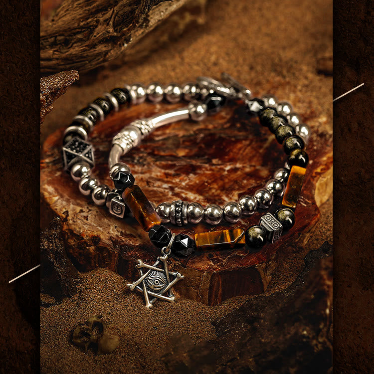 Olivenorma Bracciale da uomo con perline in occhio di tigre e ossidiana dorata e malocchio
