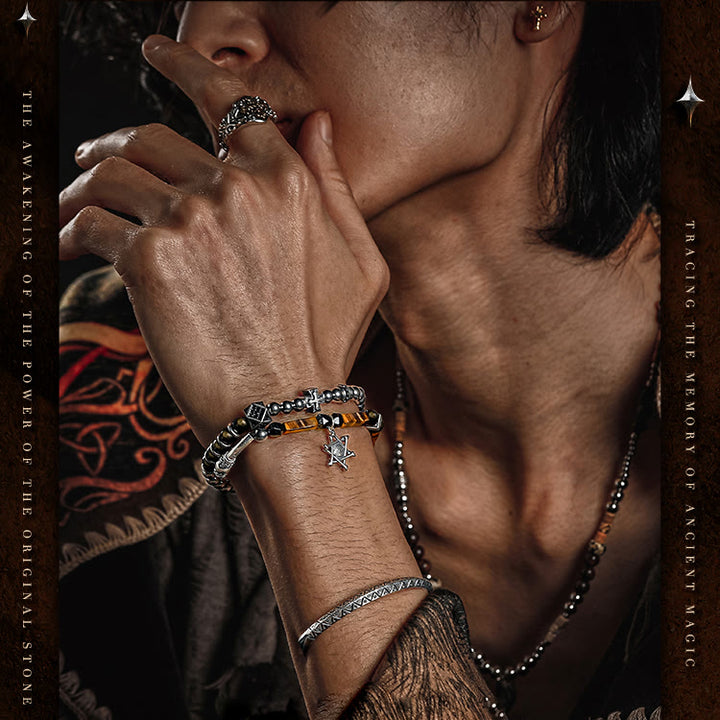 Olivenorma Bracciale da uomo con perline in occhio di tigre e ossidiana dorata e malocchio - image 1