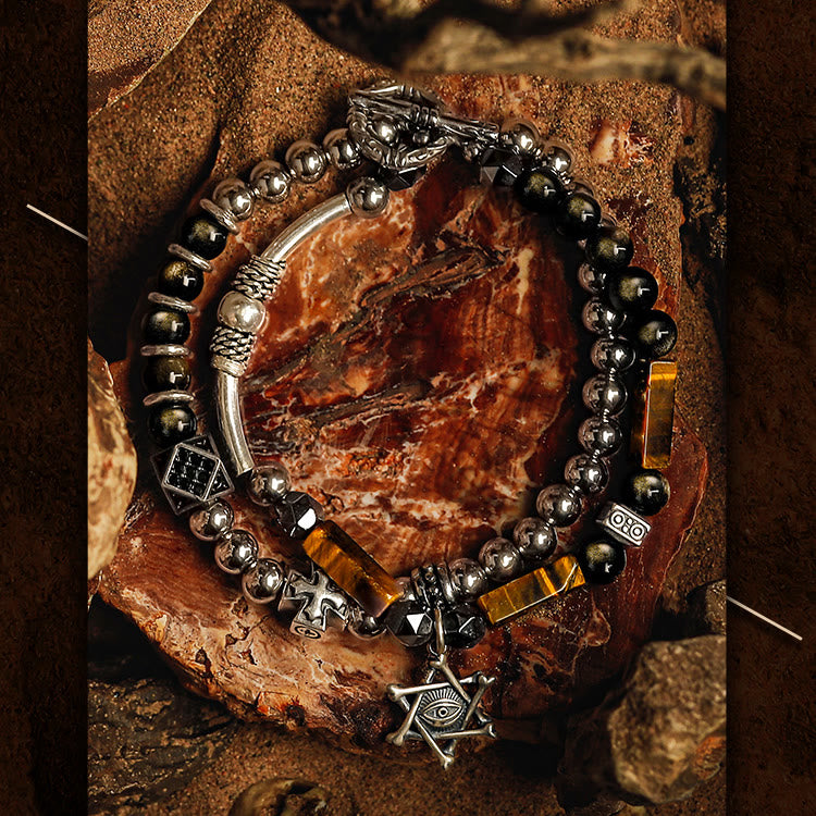 Olivenorma Bracciale da uomo con perline in occhio di tigre e ossidiana dorata e malocchio