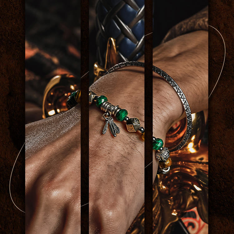 Olivenorma Bracciale da uomo con ciondolo in piuma di malachite e occhio di tigre
