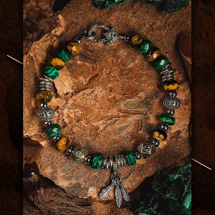Olivenorma Bracciale da uomo con ciondolo in piuma di malachite e occhio di tigre - image 6