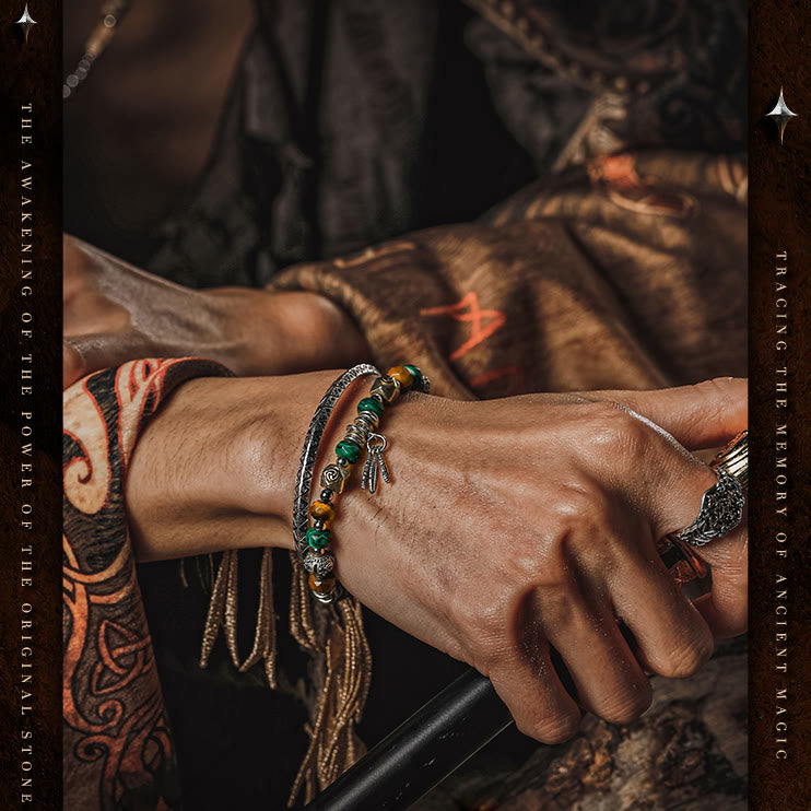 Olivenorma Bracciale da uomo con ciondolo in piuma di malachite e occhio di tigre - image 2