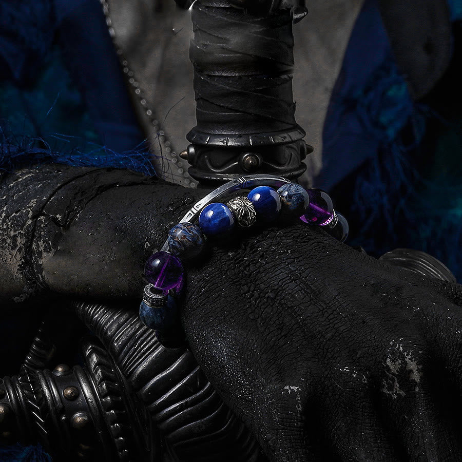 Bracciale Olivenorma da uomo con perline di lapislazzuli, ametista e pietersite - image 2