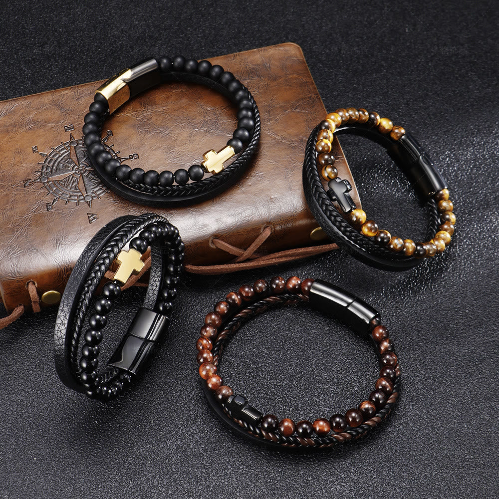 Bracciale in pelle intrecciata in acciaio inossidabile con croce in occhio di tigre Olivenorma - image 0