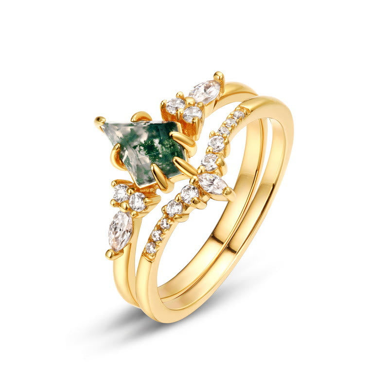 Olivenorma 2 pezzi anello a cinque punte in agata muschiata e zircone bianco - D'oro - Taglia UK Q（US 8） - image 0