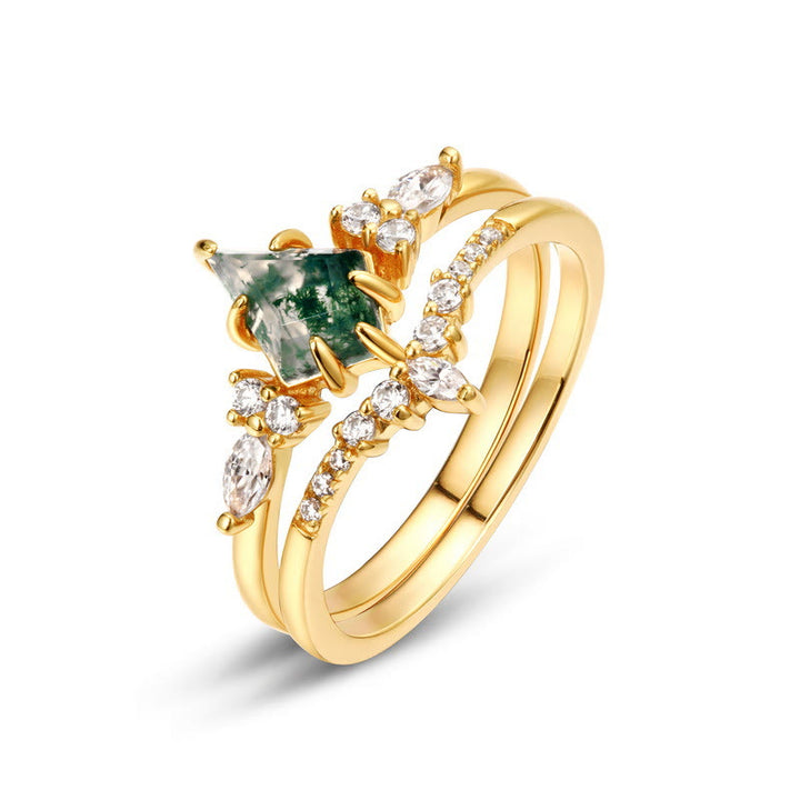 Olivenorma 2 pezzi anello a cinque punte in agata muschiata e zircone bianco - D'oro - Taglia UK Q（US 8） - image 0