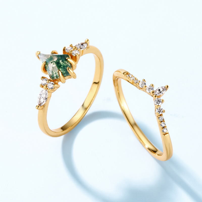 Olivenorma 2 pezzi anello a cinque punte in agata muschiata e zircone bianco