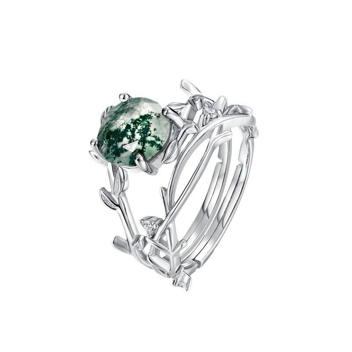 Olivenorma 2 pezzi anello in argento S925 con foglia di agata muschiata