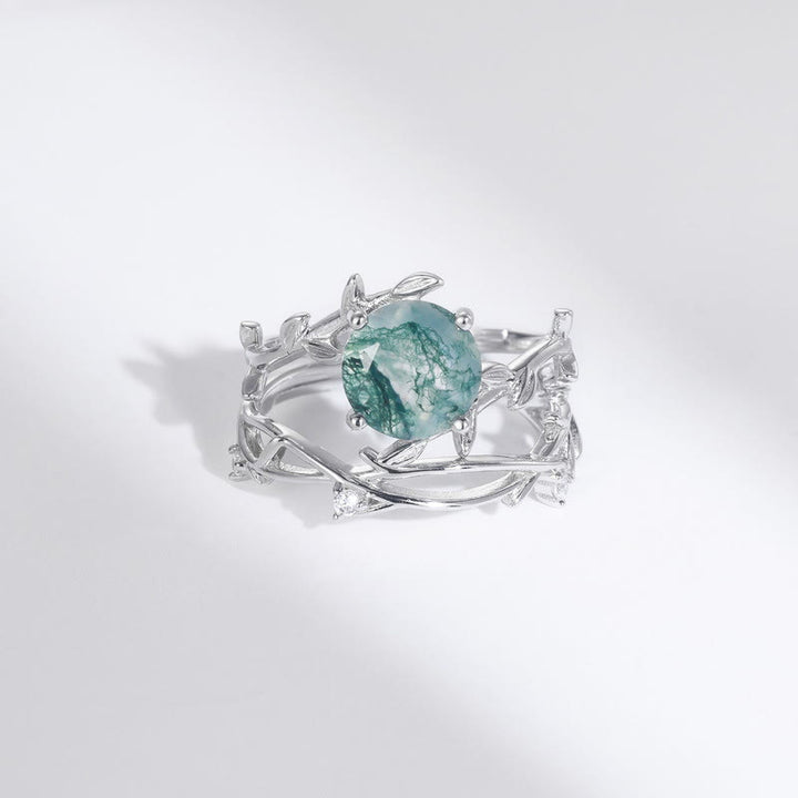 Olivenorma 2 pezzi anello in argento S925 con foglia di agata muschiata