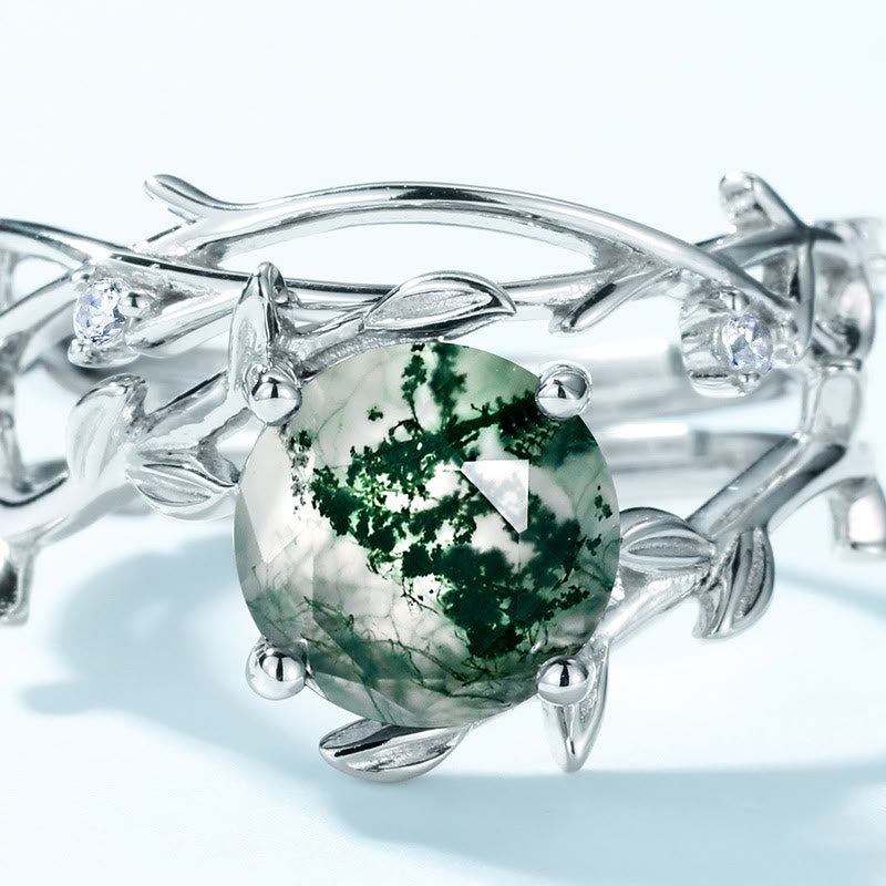 Olivenorma 2 pezzi anello in argento S925 con foglia di agata muschiata