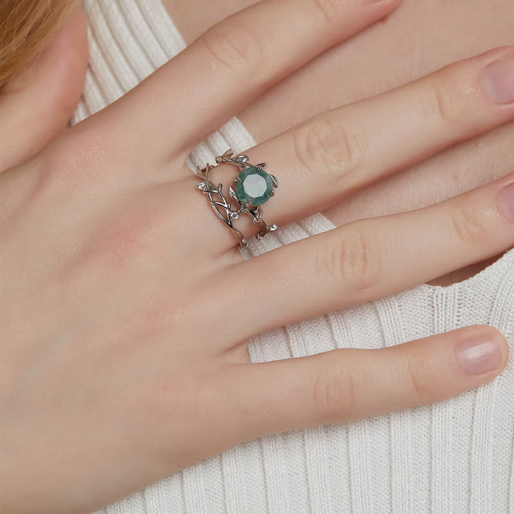 Olivenorma 2 pezzi anello in argento S925 con foglia di agata muschiata - image 1