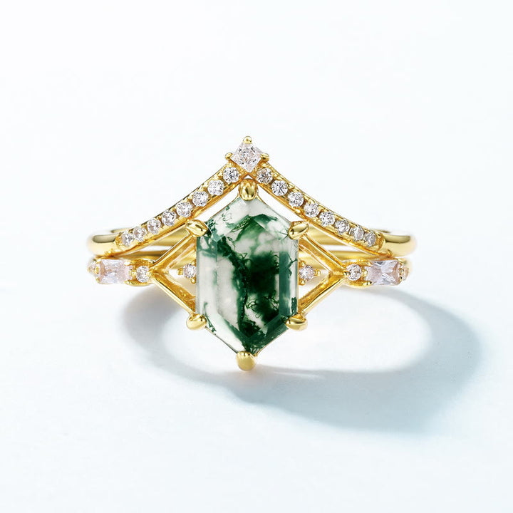 Olivenorma 2 pezzi anello in argento S925 con agata muschiata esagonale