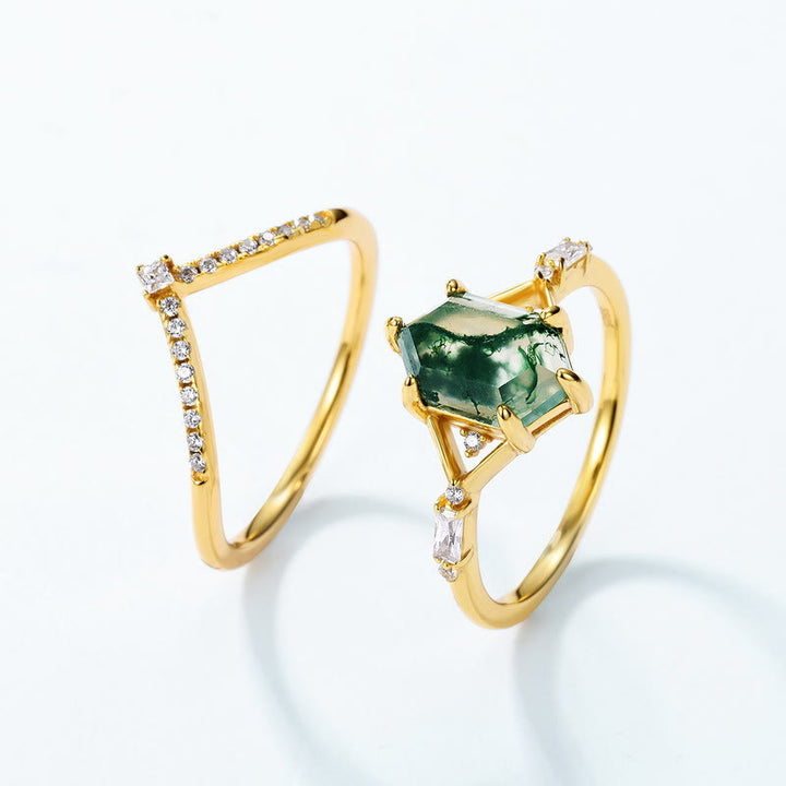 Olivenorma 2 pezzi anello in argento S925 con agata muschiata esagonale