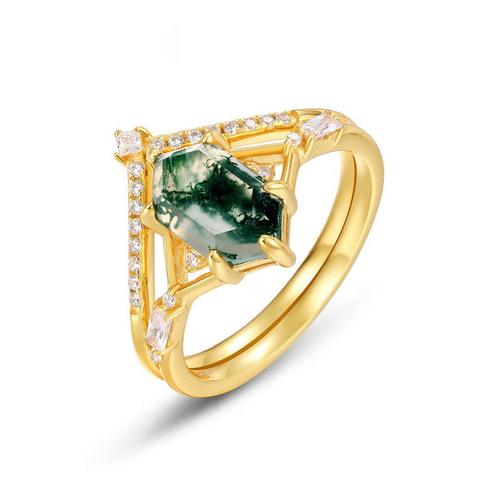 Olivenorma 2 pezzi anello in argento S925 con agata muschiata esagonale