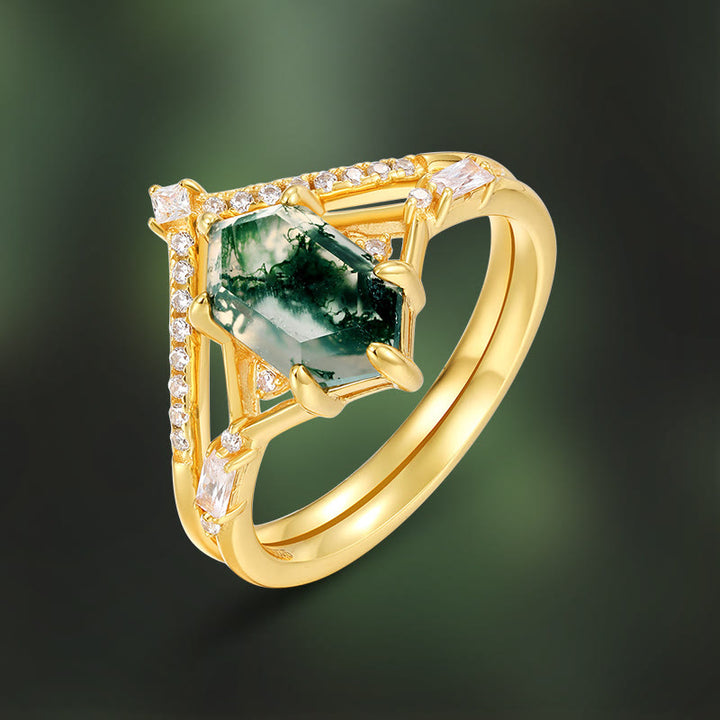 Olivenorma 2 pezzi anello in argento S925 con agata muschiata esagonale