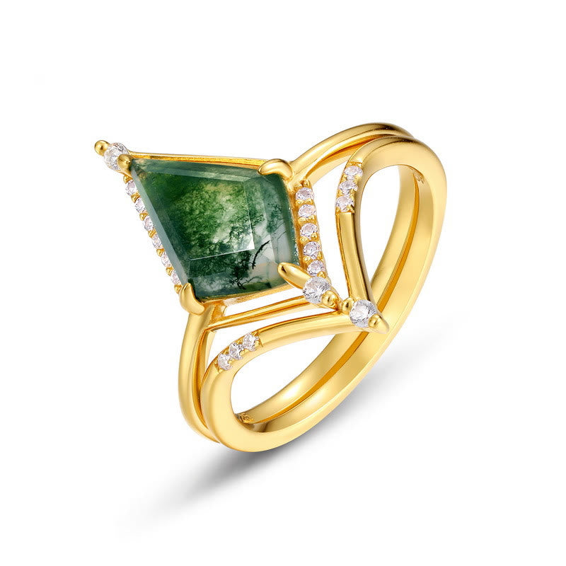 Olivenorma 2 pezzi anello in argento S925 con agata muschiata e diamanti - Taglia UK Q（US 8） - image 0