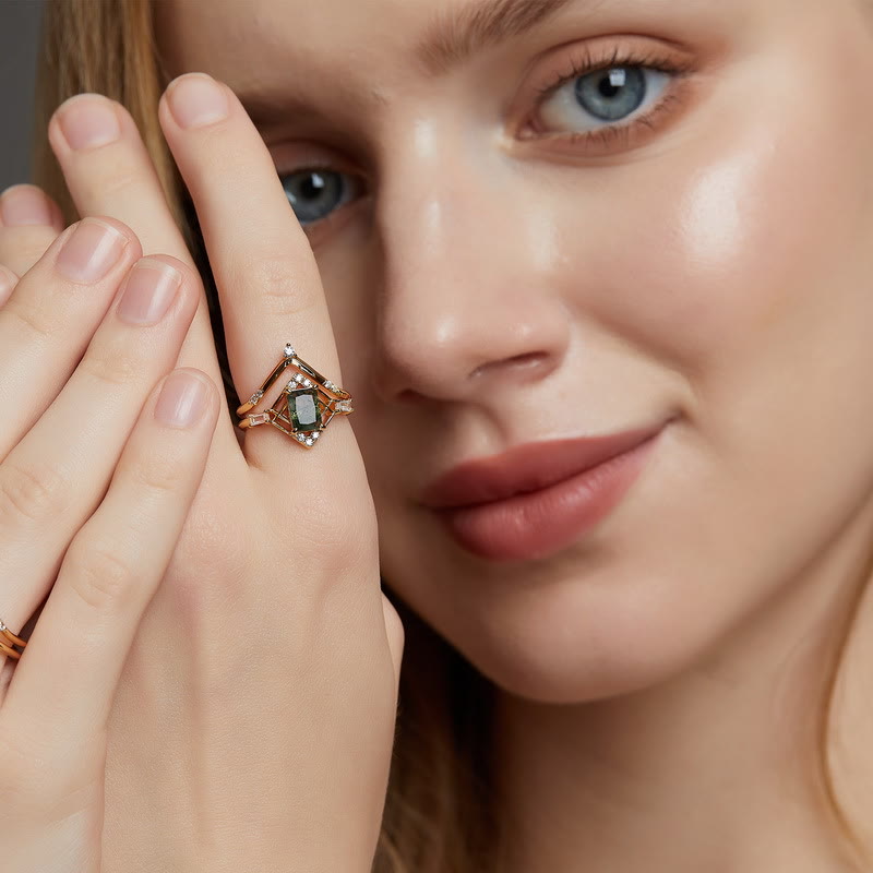 Olivenorma 2 pezzi anello rettangolare in agata muschiata con design cavo