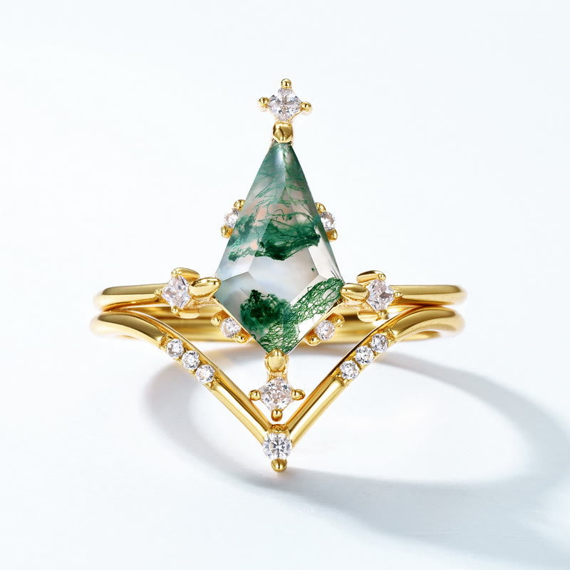 Olivenorma 2 pezzi anello con design a corona in agata muschiata e diamanti